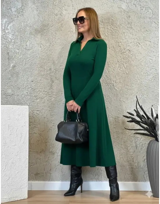 Kadın Uzun Kollu Yakalı Midi Viskon Iki Iplik Elbise