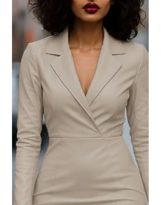 Kadın Uzun Kollu Yakalı Mini Deri Elbise