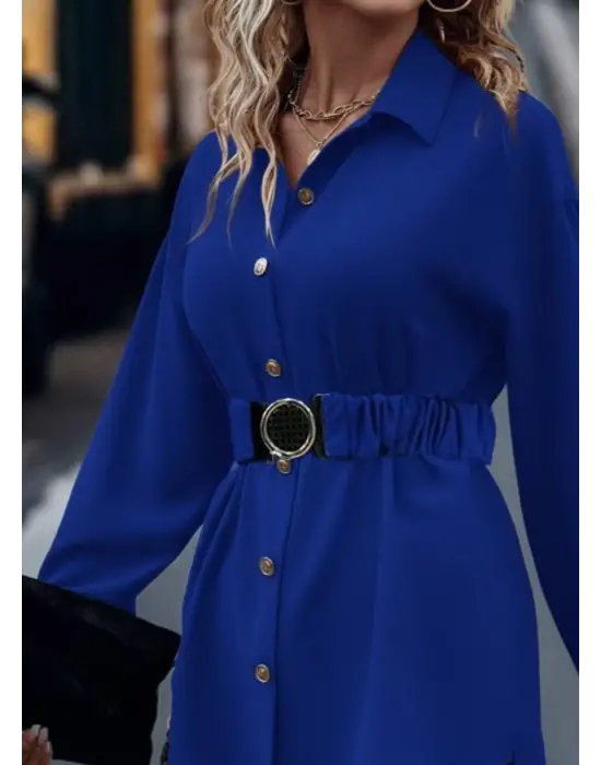 Kadın Uzun Kollu Yakalı önden Düğmeli Belden Kemerli Ithal Krep Bluz