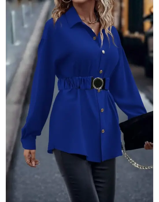 Kadın Uzun Kollu Yakalı önden Düğmeli Belden Kemerli Ithal Krep Bluz