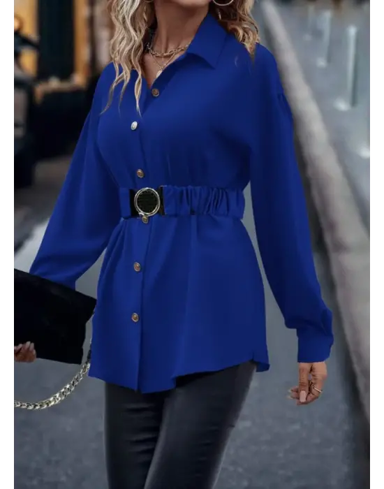 Kadın Uzun Kollu Yakalı önden Düğmeli Belden Kemerli Ithal Krep Bluz