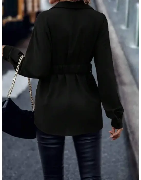 Kadın Uzun Kollu Yakalı önden Düğmeli Belden Kemerli Ithal Krep Bluz