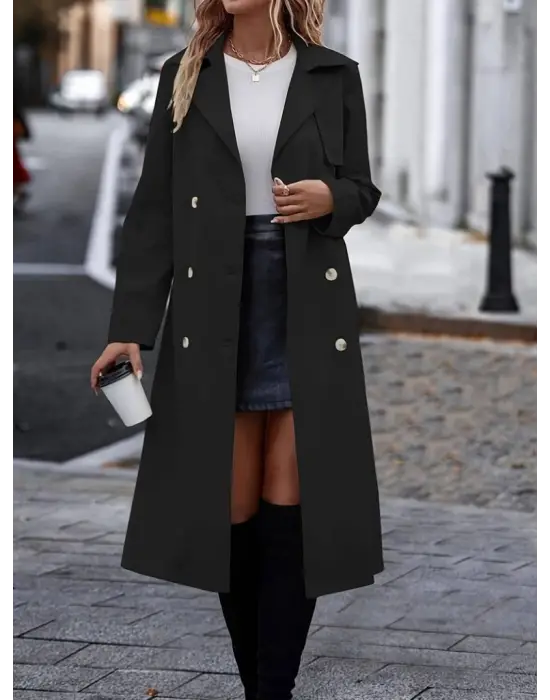 Kadın Uzun Kollu Yakalı önden Düğmeli Beli Kuşaklı Midi Gabardin Trençkot