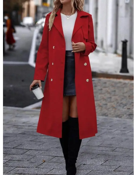 Kadın Uzun Kollu Yakalı önden Düğmeli Beli Kuşaklı Midi Gabardin Trençkot