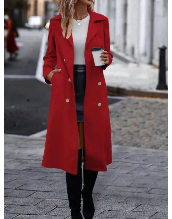 Kadın Uzun Kollu Yakalı önden Düğmeli Beli Kuşaklı Midi Gabardin Trençkot