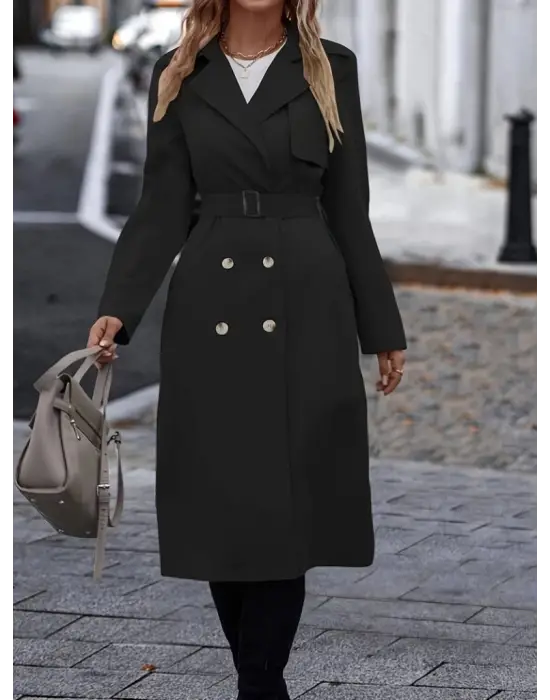 Kadın Uzun Kollu Yakalı önden Düğmeli Beli Kuşaklı Midi Gabardin Trençkot