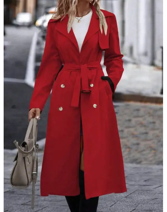 Kadın Uzun Kollu Yakalı önden Düğmeli Beli Kuşaklı Midi Gabardin Trençkot