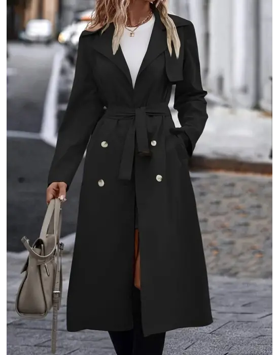 Kadın Uzun Kollu Yakalı önden Düğmeli Beli Kuşaklı Midi Gabardin Trençkot