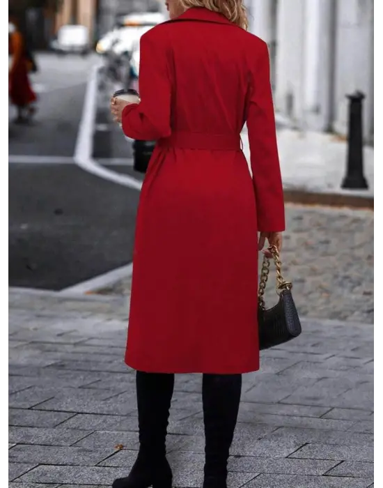 Kadın Uzun Kollu Yakalı önden Düğmeli Beli Kuşaklı Midi Gabardin Trençkot