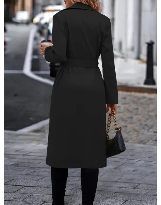 Kadın Uzun Kollu Yakalı önden Düğmeli Beli Kuşaklı Midi Gabardin Trençkot