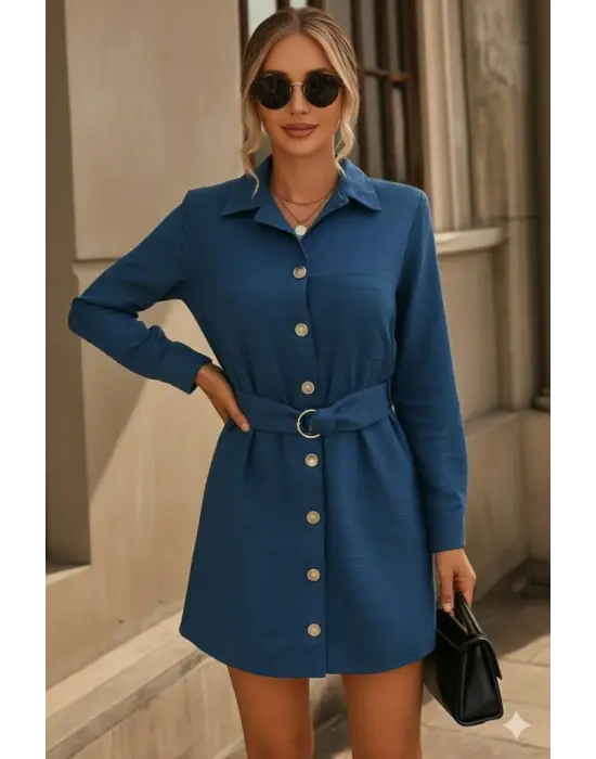 Kadın Uzun Kollu Yakalı önden Düğmeli Beli Kuşaklı Mini Ithal Keten Elbise