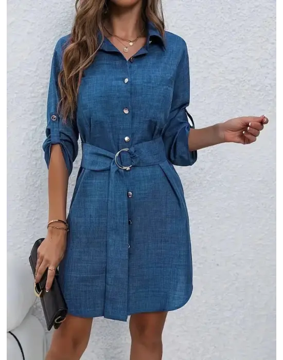 Kadın Uzun Kollu Yakalı önden Düğmeli Beli Kuşaklı Mini Ithal Keten Elbise