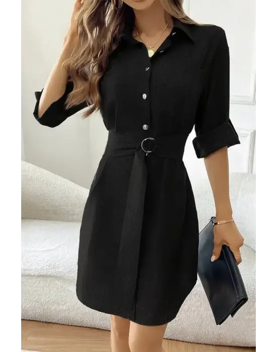 Kadın Uzun Kollu Yakalı önden Düğmeli Beli Kuşaklı Mini Ithal Keten Elbise