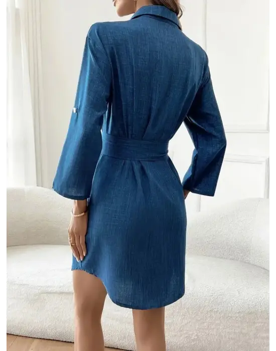 Kadın Uzun Kollu Yakalı önden Düğmeli Beli Kuşaklı Mini Ithal Keten Elbise