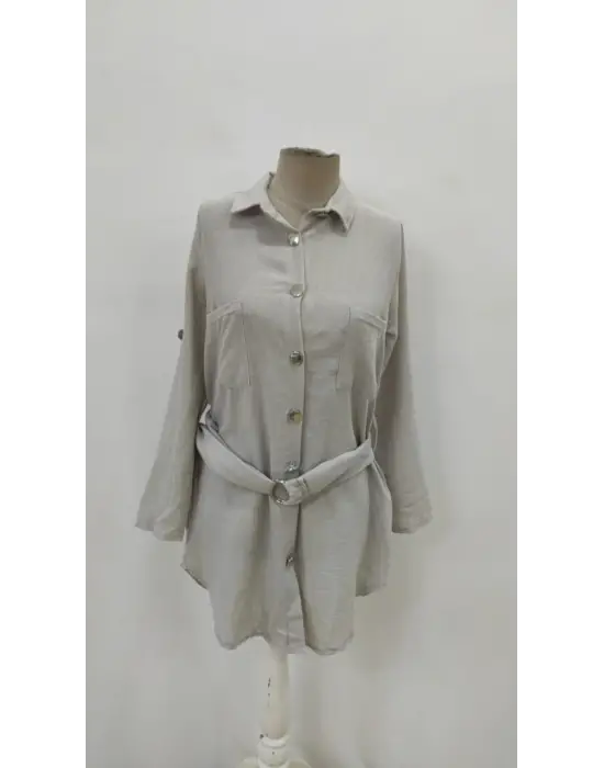 Kadın Uzun Kollu Yakalı önden Düğmeli Beli Kuşaklı Mini Ithal Keten Elbise