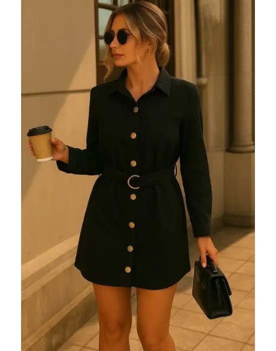 Kadın Uzun Kollu Yakalı önden Düğmeli Beli Kuşaklı Mini Ithal Keten Elbise