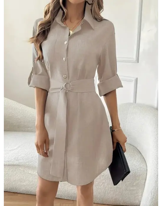 Kadın Uzun Kollu Yakalı önden Düğmeli Beli Kuşaklı Mini Ithal Keten Elbise
