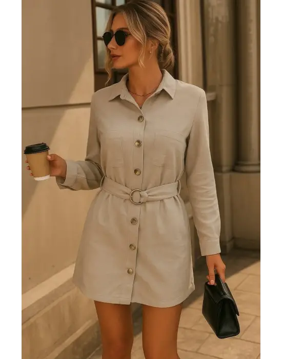 Kadın Uzun Kollu Yakalı önden Düğmeli Beli Kuşaklı Mini Ithal Keten Elbise