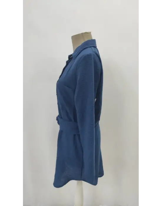 Kadın Uzun Kollu Yakalı önden Düğmeli Beli Kuşaklı Mini Ithal Keten Elbise