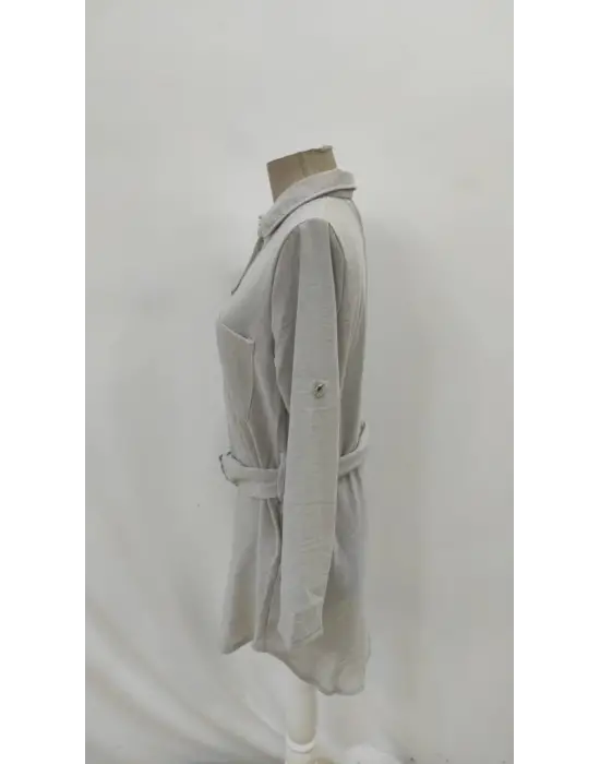 Kadın Uzun Kollu Yakalı önden Düğmeli Beli Kuşaklı Mini Ithal Keten Elbise