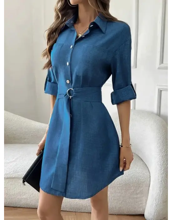 Kadın Uzun Kollu Yakalı önden Düğmeli Beli Kuşaklı Mini Ithal Keten Elbise
