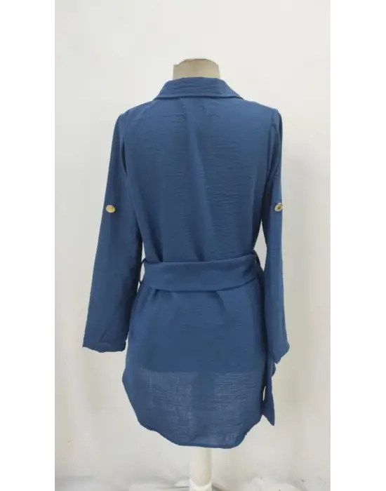 Kadın Uzun Kollu Yakalı önden Düğmeli Beli Kuşaklı Mini Ithal Keten Elbise