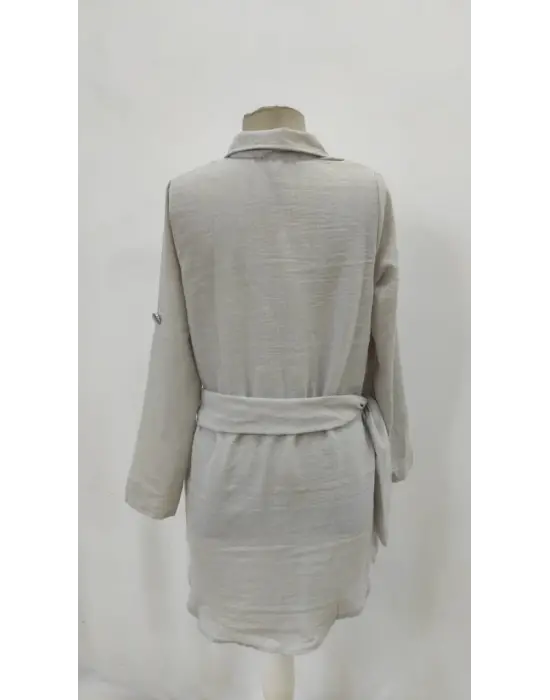 Kadın Uzun Kollu Yakalı önden Düğmeli Beli Kuşaklı Mini Ithal Keten Elbise