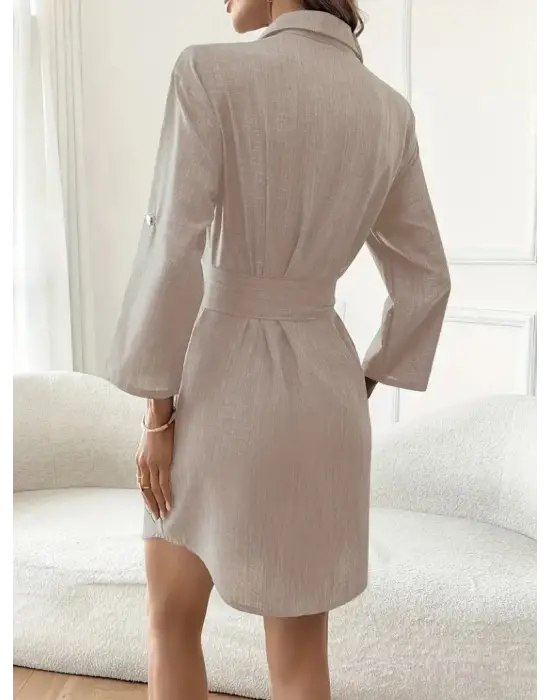 Kadın Uzun Kollu Yakalı önden Düğmeli Beli Kuşaklı Mini Ithal Keten Elbise