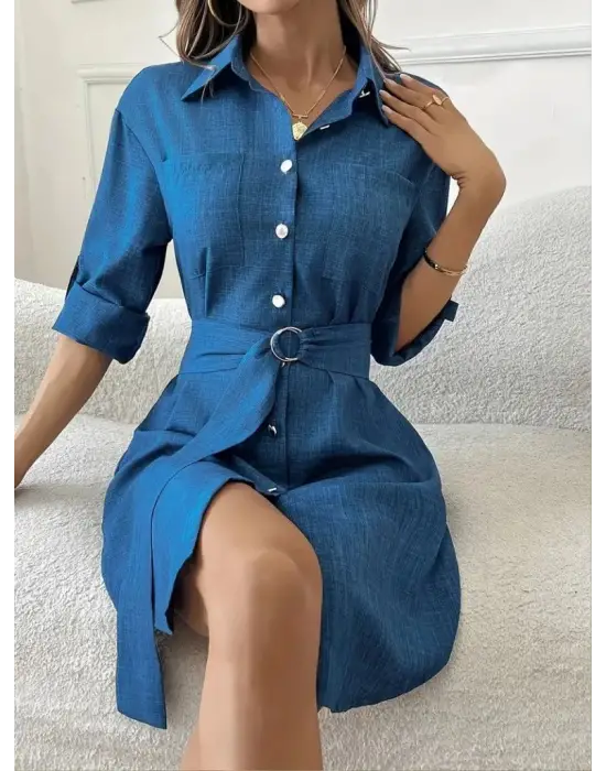 Kadın Uzun Kollu Yakalı önden Düğmeli Beli Kuşaklı Mini Ithal Keten Elbise