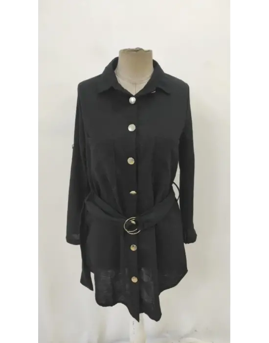 Kadın Uzun Kollu Yakalı önden Düğmeli Beli Kuşaklı Mini Ithal Keten Elbise