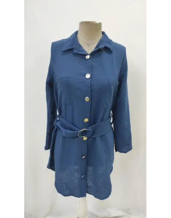 Kadın Uzun Kollu Yakalı önden Düğmeli Beli Kuşaklı Mini Ithal Keten Elbise