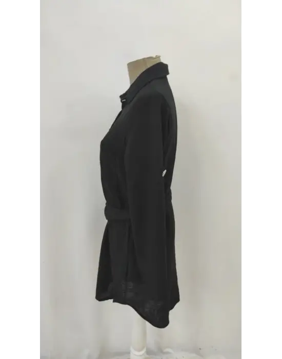 Kadın Uzun Kollu Yakalı önden Düğmeli Beli Kuşaklı Mini Ithal Keten Elbise
