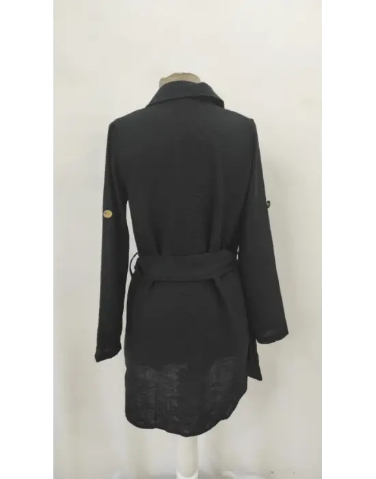 Kadın Uzun Kollu Yakalı önden Düğmeli Beli Kuşaklı Mini Ithal Keten Elbise