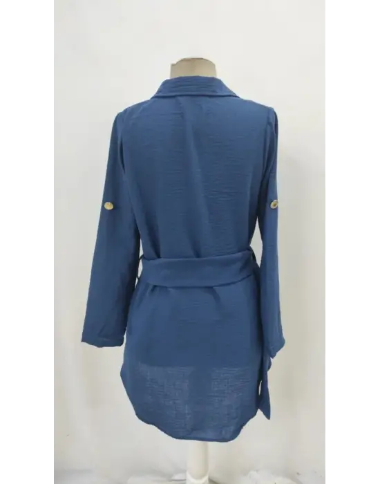 Kadın Uzun Kollu Yakalı önden Düğmeli Beli Kuşaklı Mini Ithal Keten Elbise