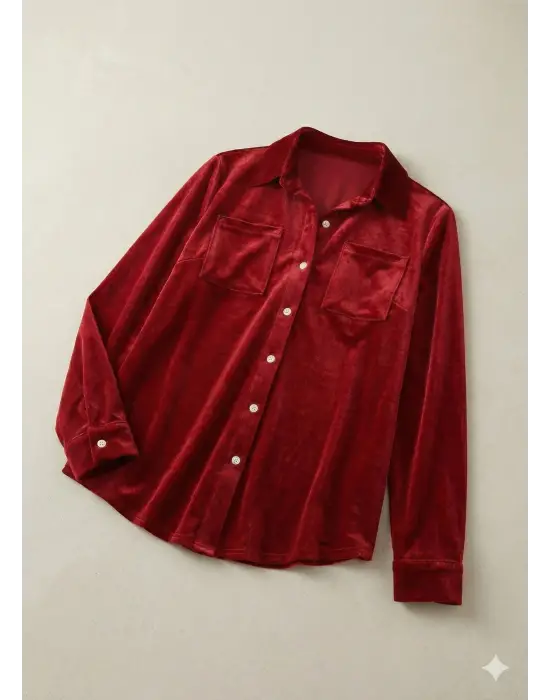 Kadın Uzun Kollu Yakalı önden Düğmeli Cep Detaylı Kadife Gömlek