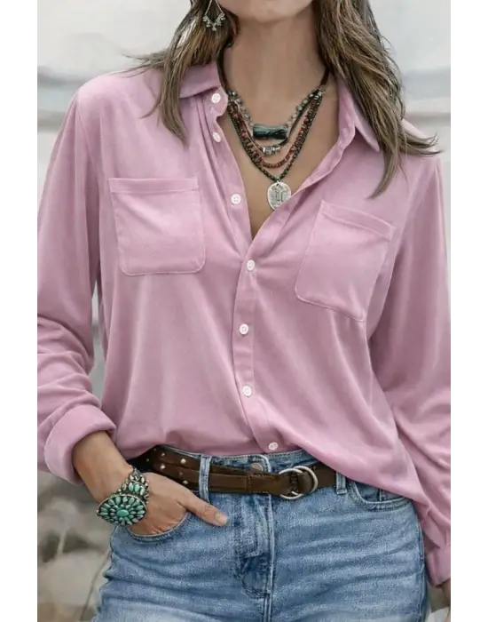 Kadın Uzun Kollu Yakalı önden Düğmeli Cep Detaylı Kadife Gömlek