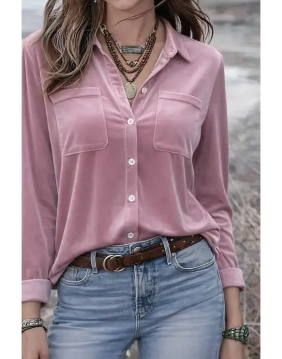 Kadın Uzun Kollu Yakalı önden Düğmeli Cep Detaylı Kadife Gömlek