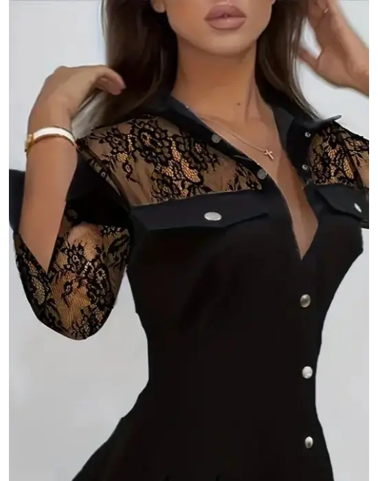 Kadın Uzun Kollu Yakalı önden Düğmeli Cep Detaylı Mini Modal Elbise