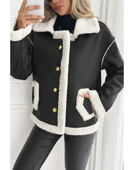 Kadın Uzun Kollu Yakalı önden Düğmeli Cep Detaylı Süet Ceket