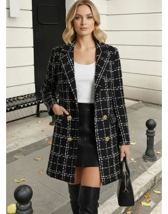 Kadın Uzun Kollu Yakalı önden Düğmeli Dokuma Ceket