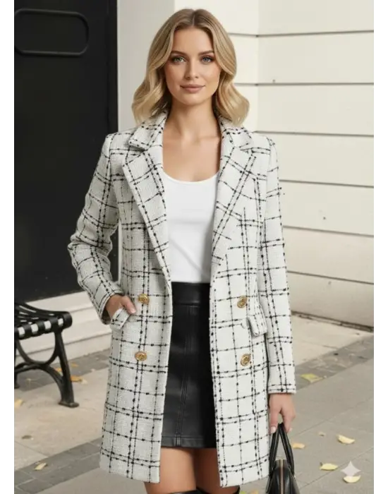 Kadın Uzun Kollu Yakalı önden Düğmeli Dokuma Ceket