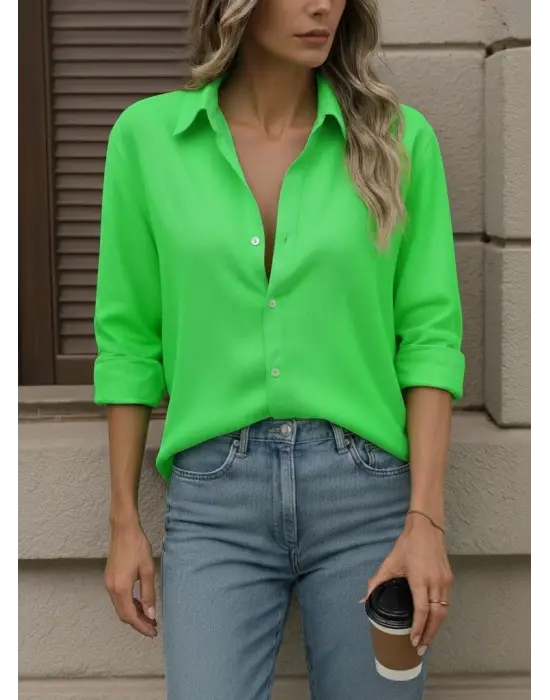 Kadın Uzun Kollu Yakalı önden Düğmeli Gömlek