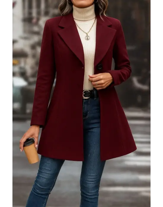 Kadın Uzun Kollu Yakalı önden Düğmeli Kısa Kaşe Kaban