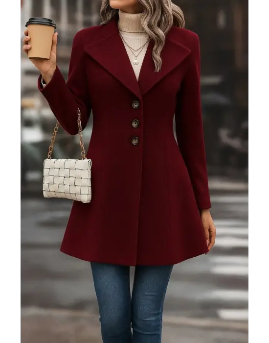 Kadın Uzun Kollu Yakalı önden Düğmeli Kısa Kaşe Kaban