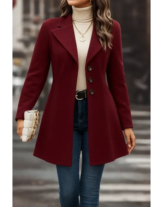 Kadın Uzun Kollu Yakalı önden Düğmeli Kısa Kaşe Kaban