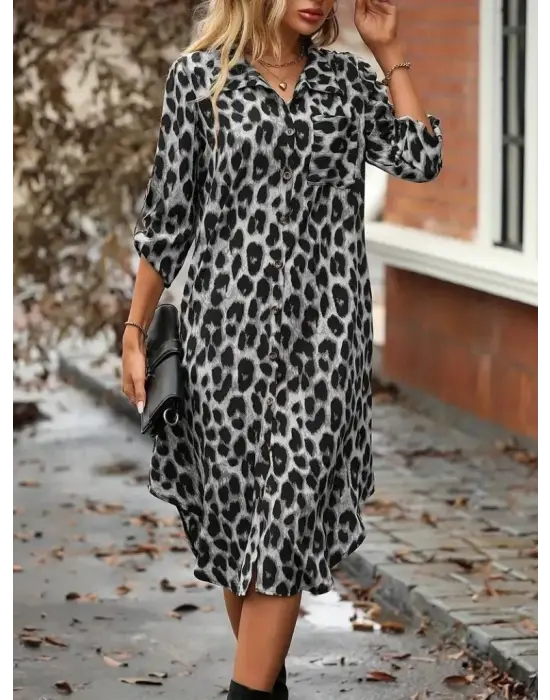 Kadın Uzun Kollu Yakalı önden Düğmeli Leopar Desenli Modal Midi Elbise