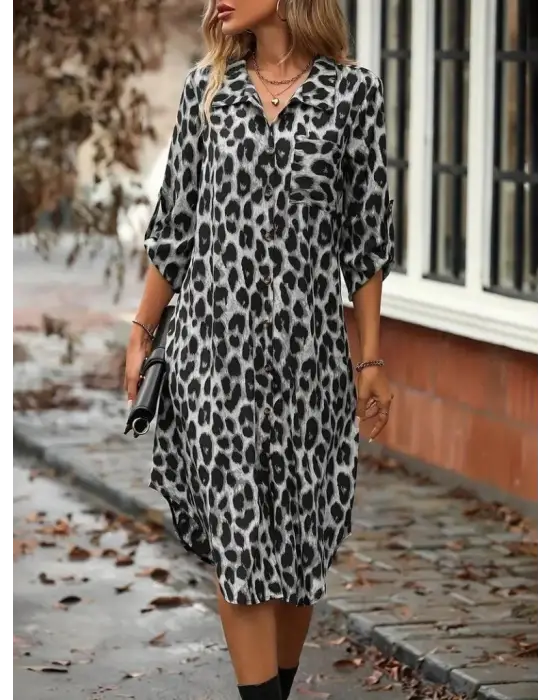 Kadın Uzun Kollu Yakalı önden Düğmeli Leopar Desenli Modal Midi Elbise