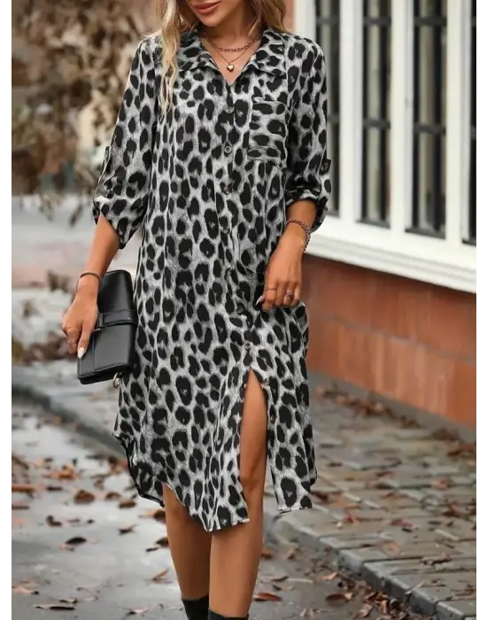 Kadın Uzun Kollu Yakalı önden Düğmeli Leopar Desenli Modal Midi Elbise