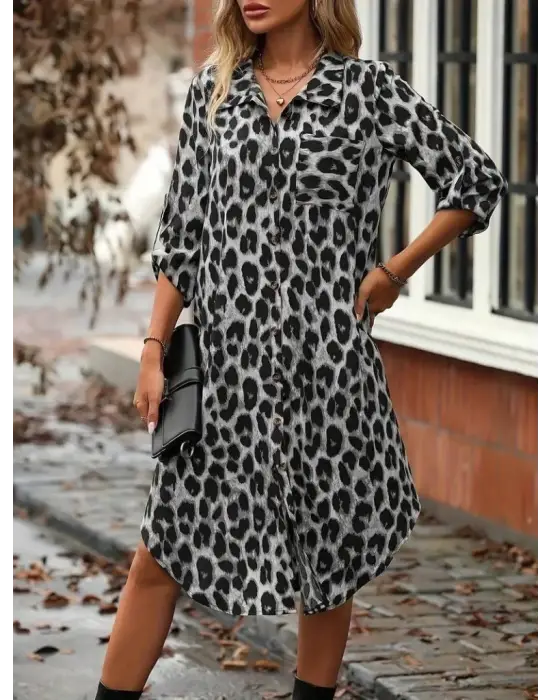 Kadın Uzun Kollu Yakalı önden Düğmeli Leopar Desenli Modal Midi Elbise