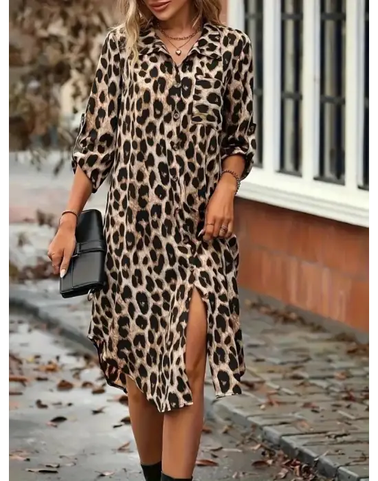 Kadın Uzun Kollu Yakalı önden Düğmeli Leopar Desenli Modal Midi Elbise